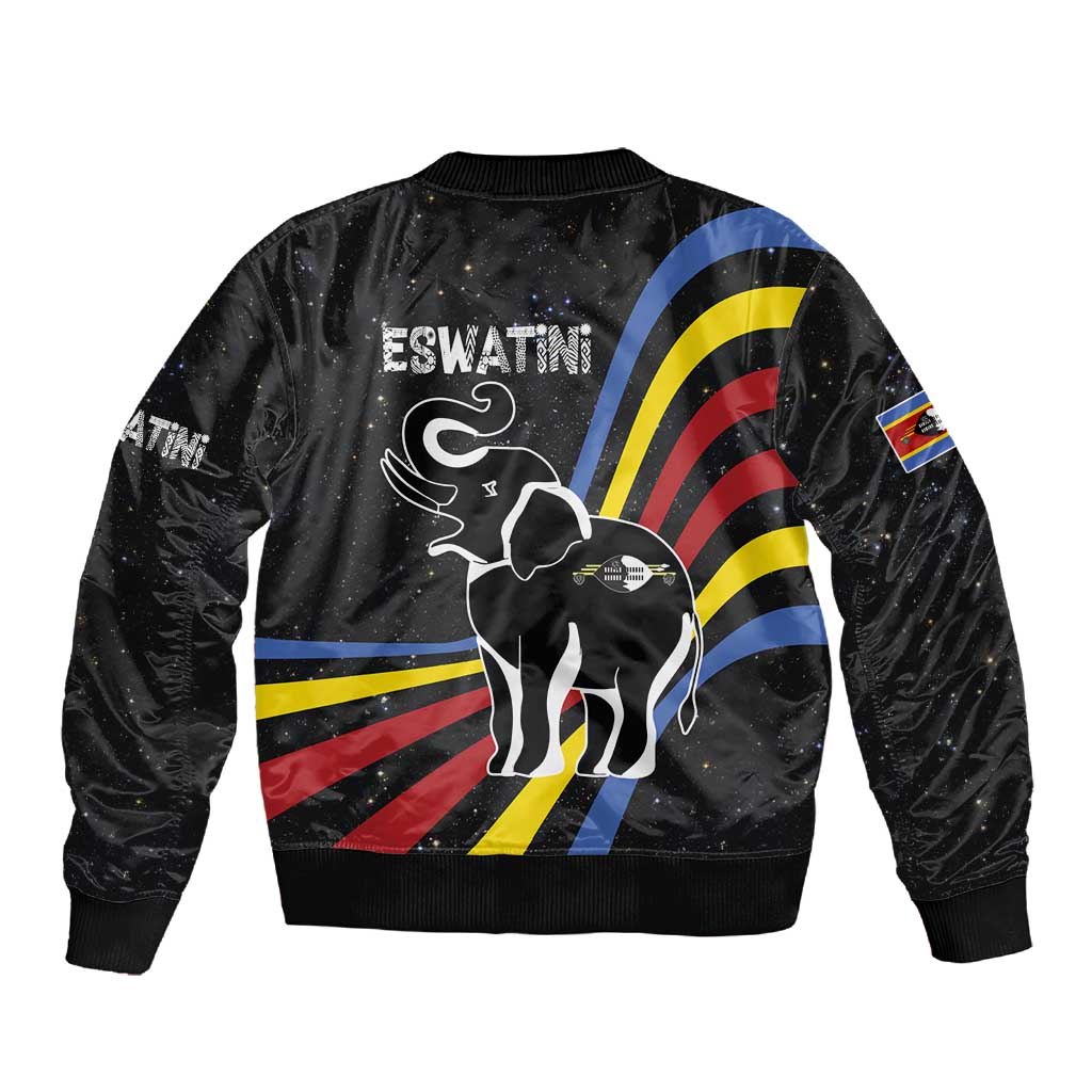 Eswatini Elephant Sleeve Zip Bomber Jacket Swazi Flag Colors and Cosmic Background