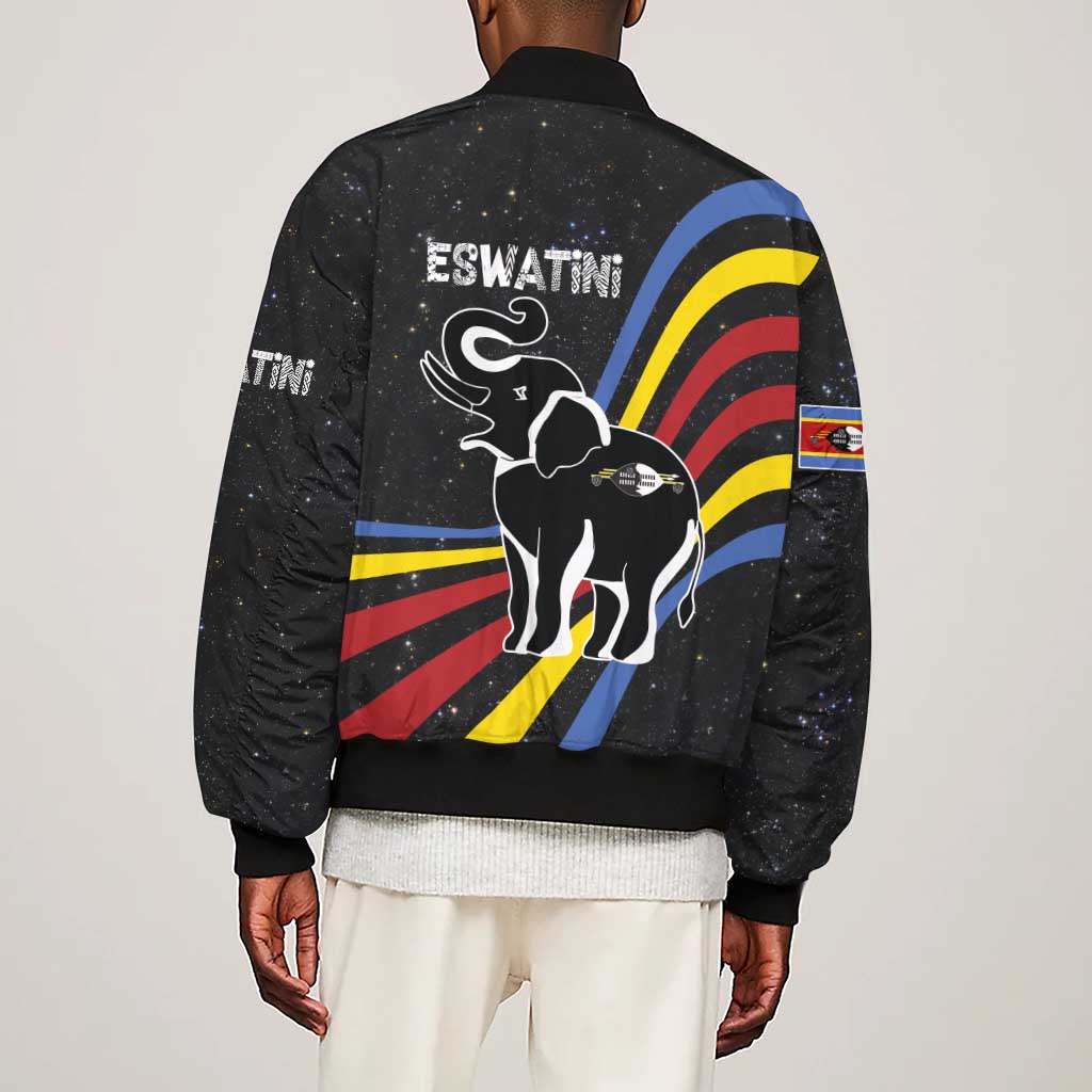 Eswatini Elephant Sleeve Zip Bomber Jacket Swazi Flag Colors and Cosmic Background