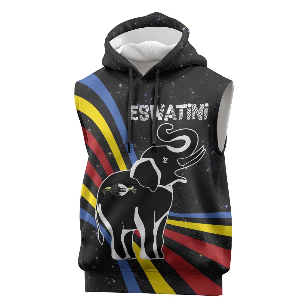 Eswatini Elephant Sleeveless Hoodie Swazi Flag Colors and Cosmic Background - African Pride