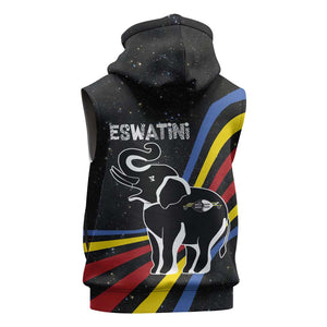 Eswatini Elephant Sleeveless Hoodie Swazi Flag Colors and Cosmic Background - African Pride