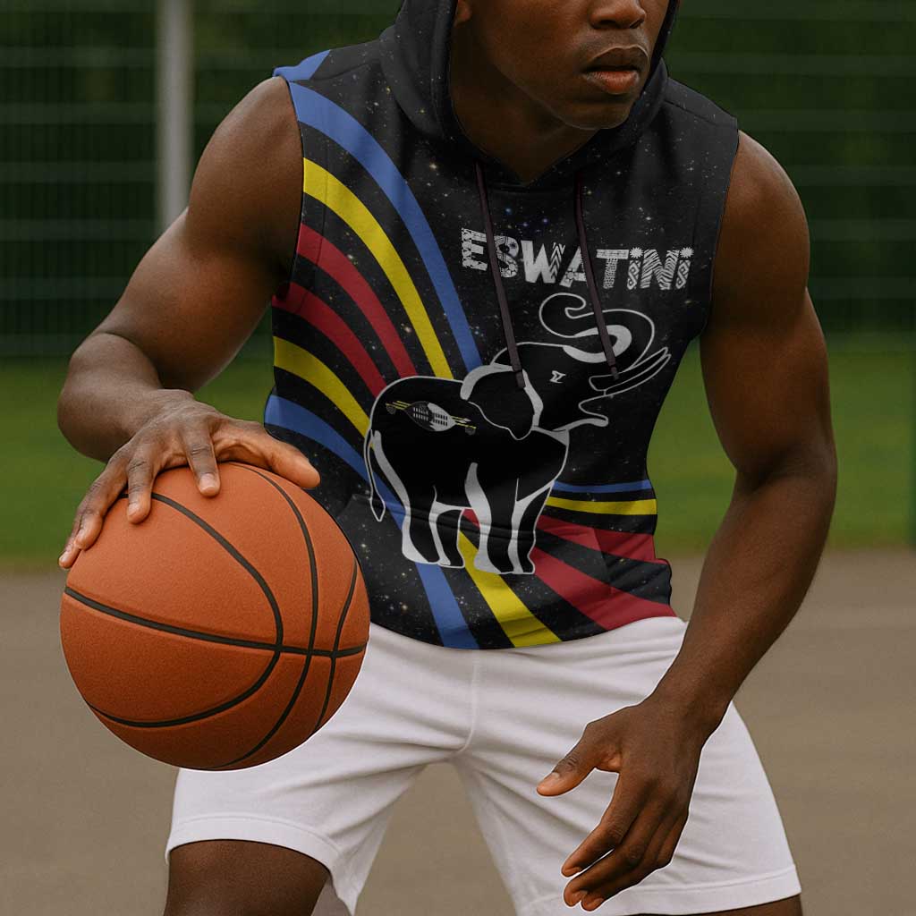 Eswatini Elephant Sleeveless Hoodie Swazi Flag Colors and Cosmic Background - African Pride