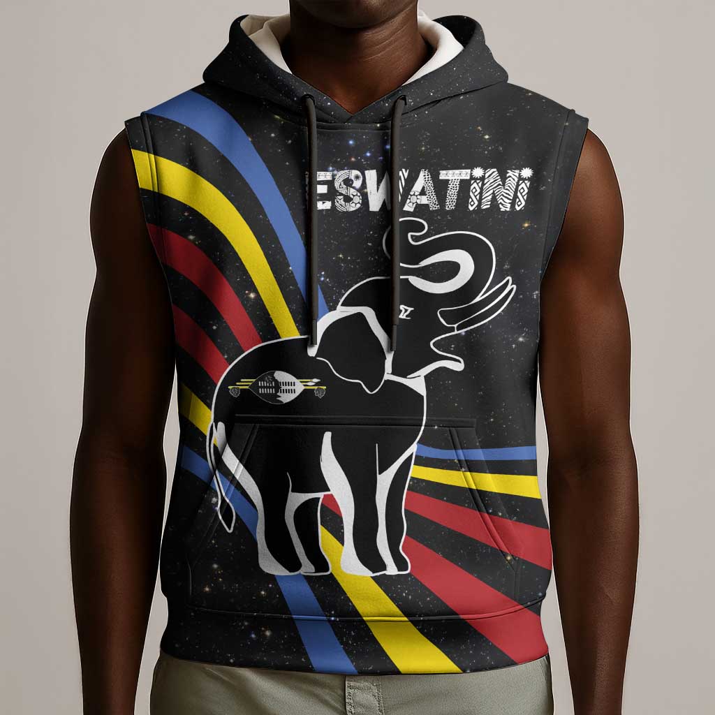 Eswatini Elephant Sleeveless Hoodie Swazi Flag Colors and Cosmic Background - African Pride