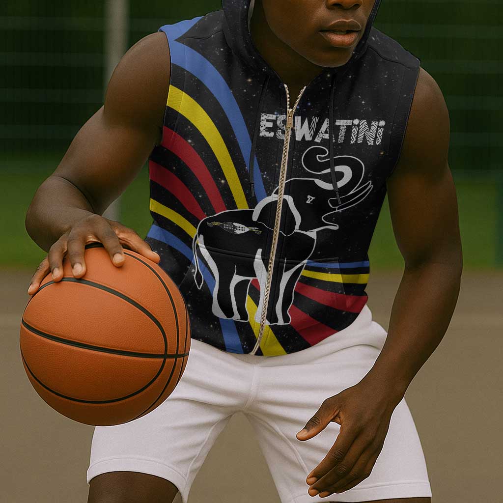 Eswatini Elephant Sleeveless Zip Hoodie Swazi Flag Colors and Cosmic Background - African Pride