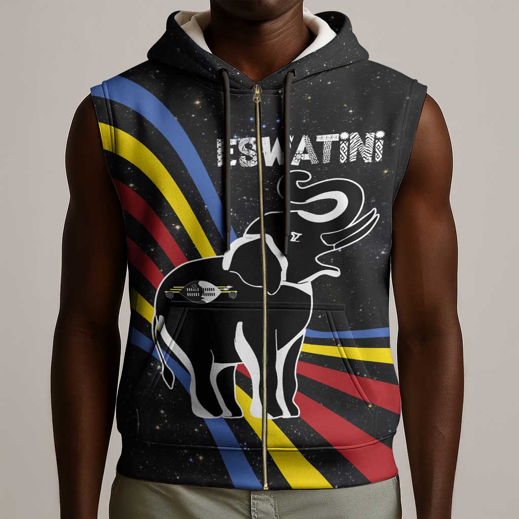 Eswatini Elephant Sleeveless Zip Hoodie Swazi Flag Colors and Cosmic Background - African Pride