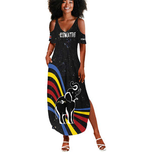 Eswatini Elephant Summer Maxi Dress Swazi Flag Colors and Cosmic Background