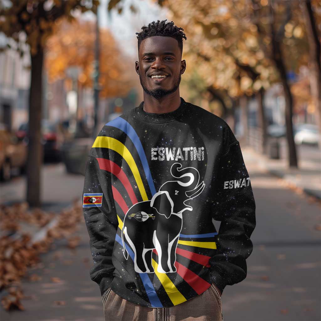 Eswatini Elephant Sweatshirt Swazi Flag Colors and Cosmic Background