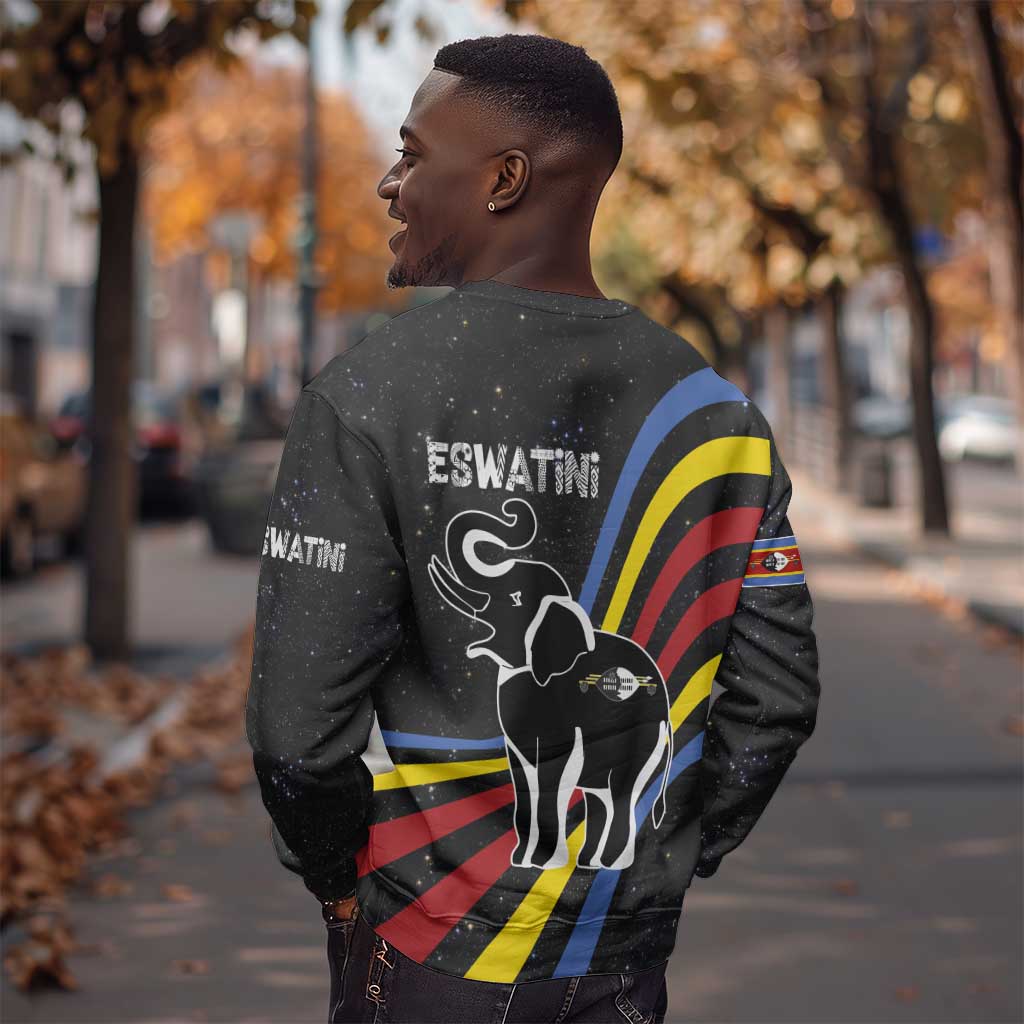 Eswatini Elephant Sweatshirt Swazi Flag Colors and Cosmic Background