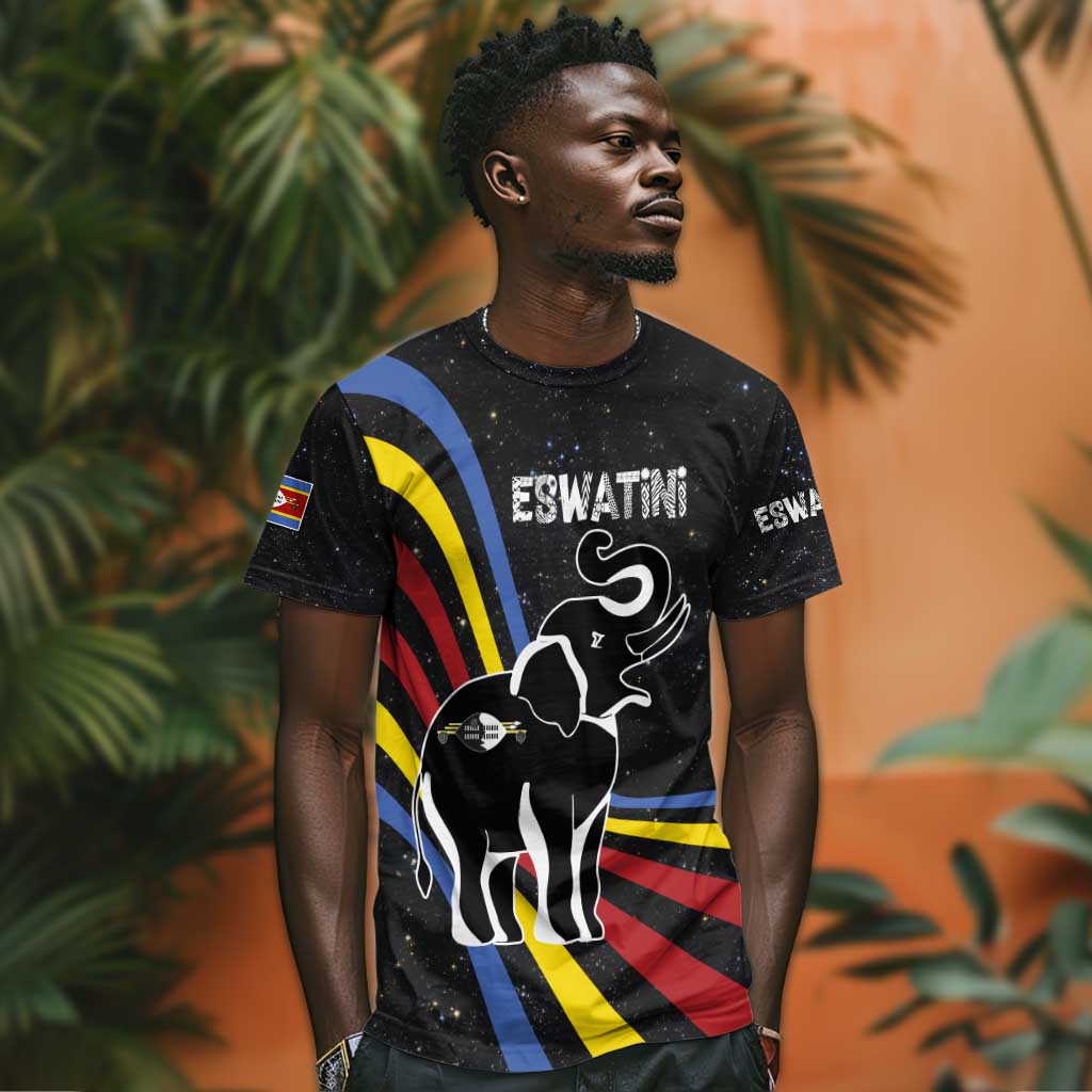 Eswatini Elephant T shirt Swazi Flag Colors and Cosmic Background