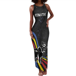 Eswatini Elephant Tank Maxi Dress Swazi Flag Colors and Cosmic Background
