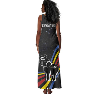 Eswatini Elephant Tank Maxi Dress Swazi Flag Colors and Cosmic Background