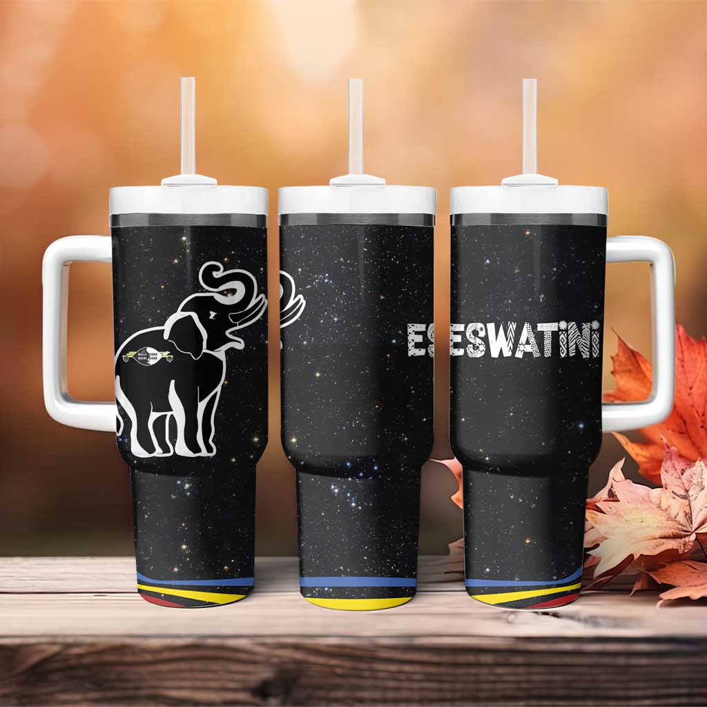 Eswatini Elephant Tumbler With Handle Swazi Flag Colors and Cosmic Background