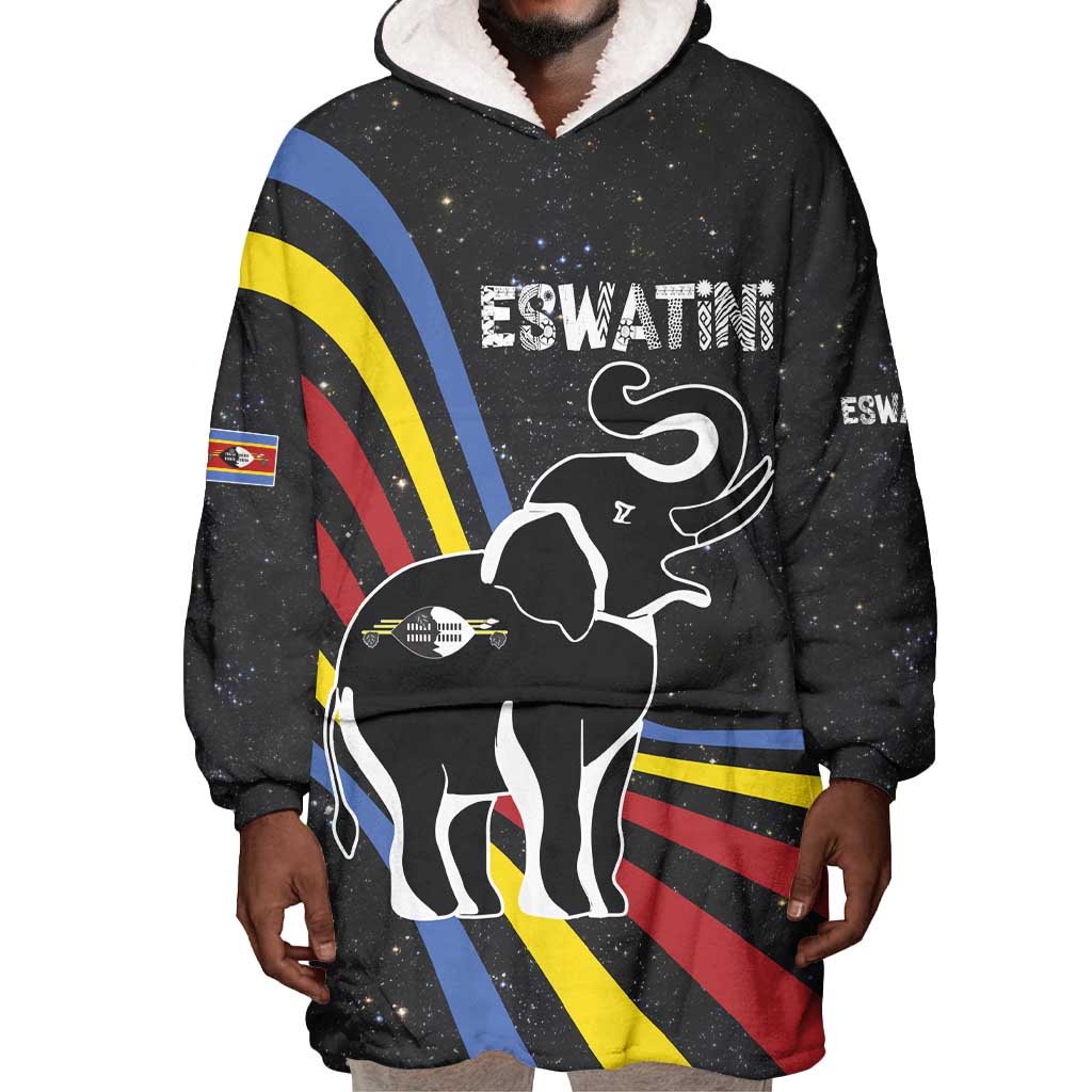 Eswatini Elephant Wearable Blanket Hoodie Swazi Flag Colors and Cosmic Background