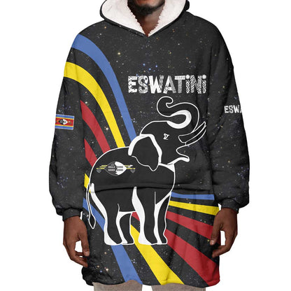 Eswatini Elephant Wearable Blanket Hoodie Swazi Flag Colors and Cosmic Background