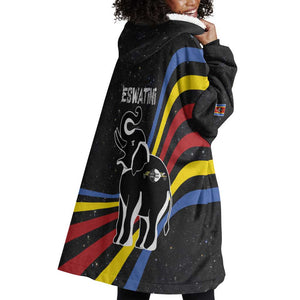 Eswatini Elephant Wearable Blanket Hoodie Swazi Flag Colors and Cosmic Background