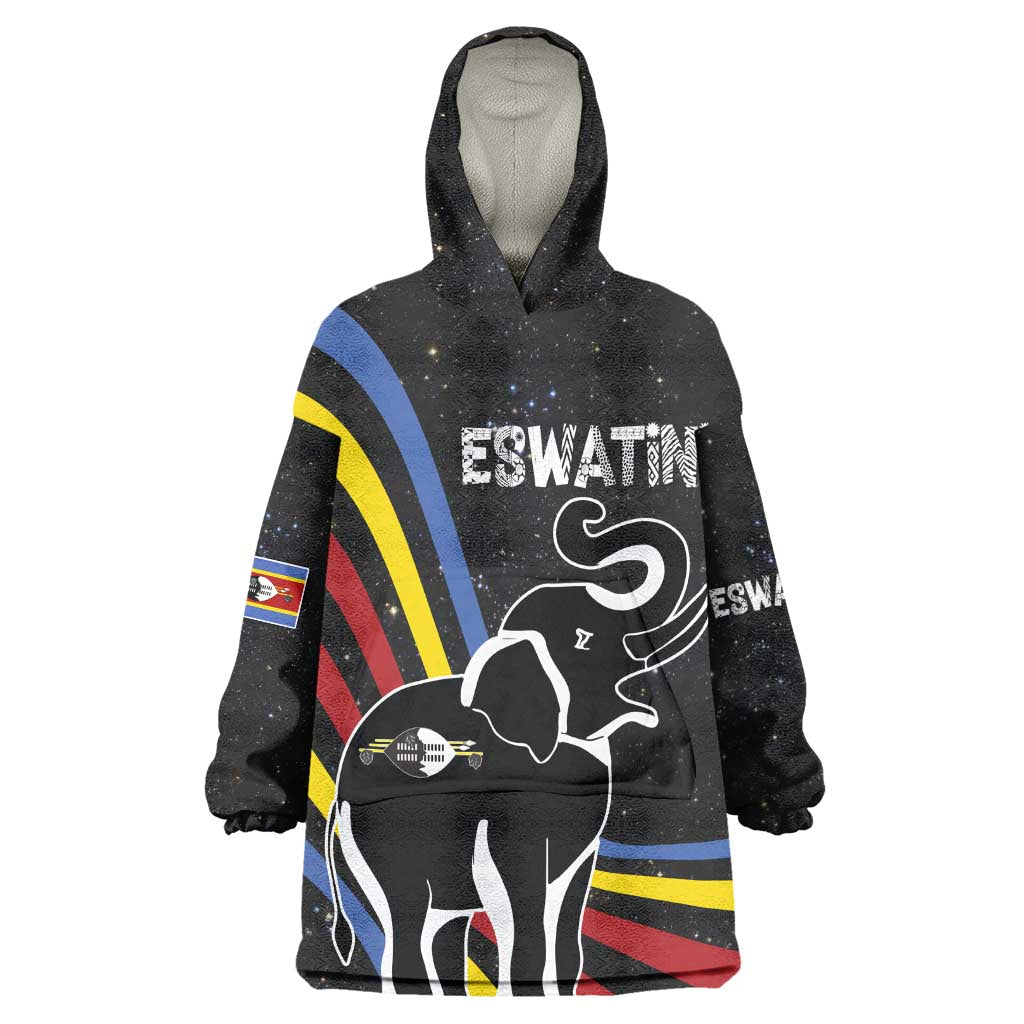 Eswatini Elephant Wearable Blanket Hoodie Swazi Flag Colors and Cosmic Background