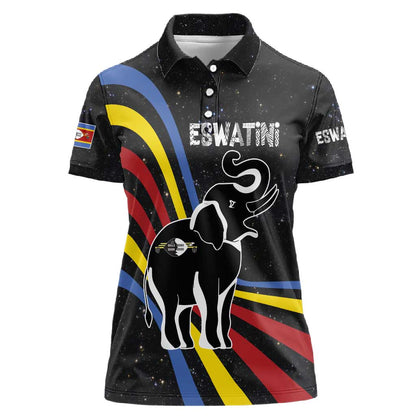 Eswatini Elephant Women Polo Shirt Swazi Flag Colors and Cosmic Background