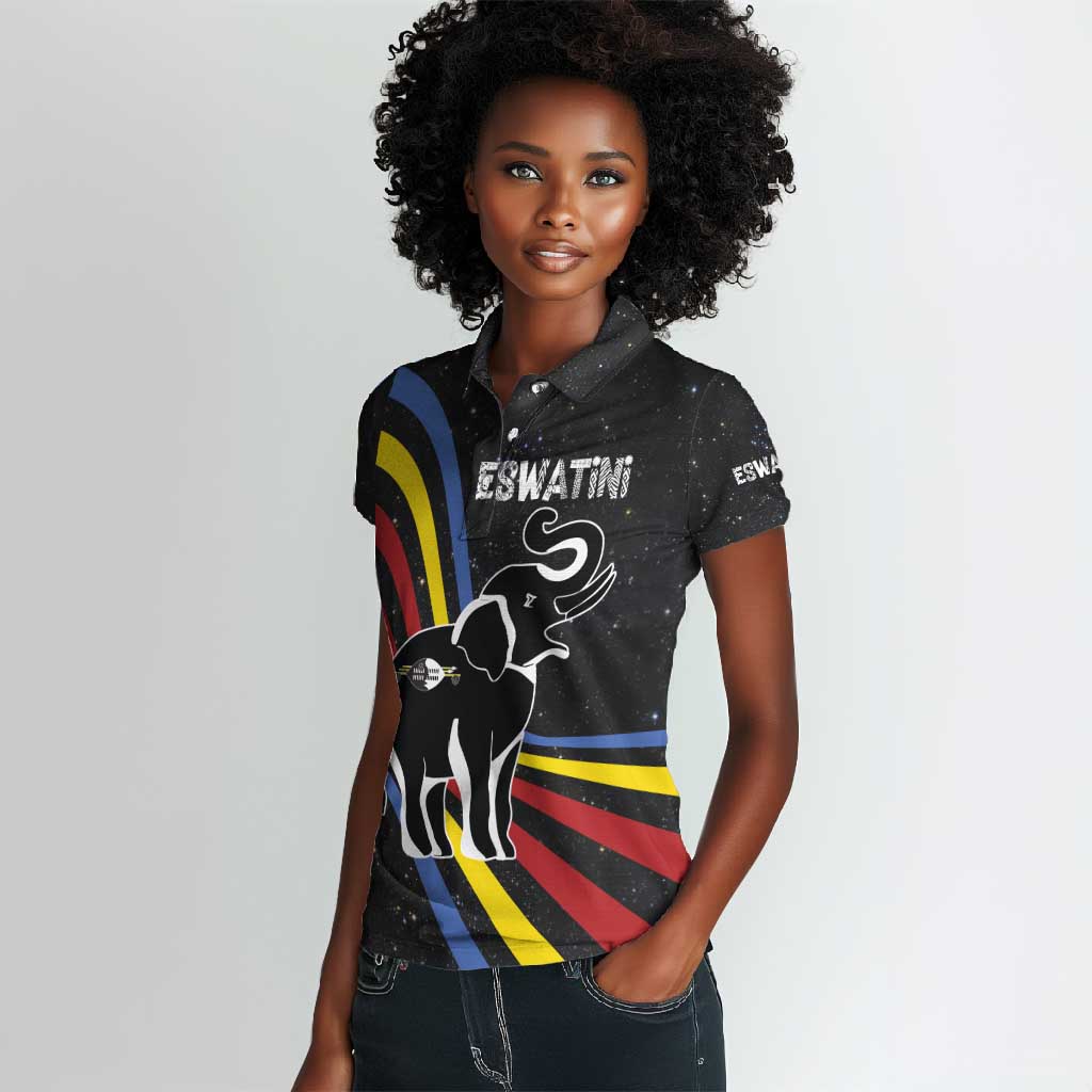 Eswatini Elephant Women Polo Shirt Swazi Flag Colors and Cosmic Background