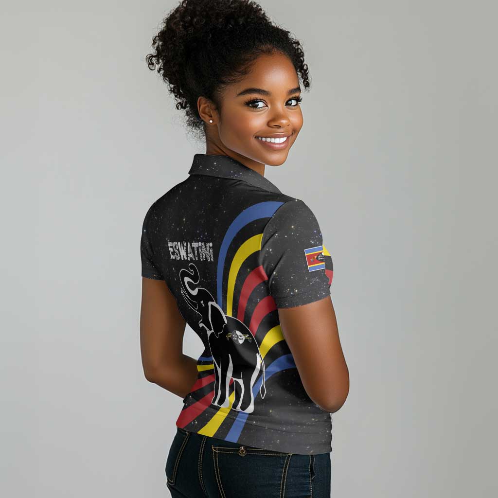 Eswatini Elephant Women Polo Shirt Swazi Flag Colors and Cosmic Background