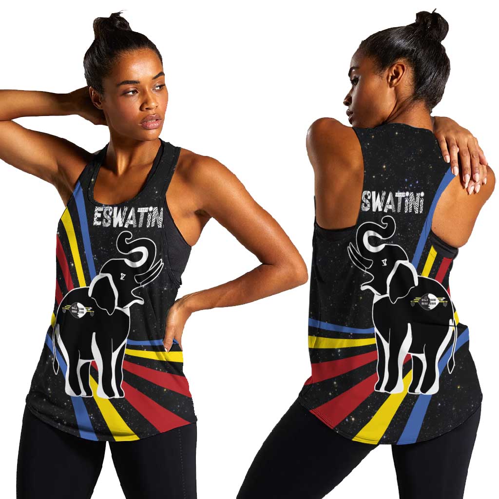 Eswatini Elephant Women Racerback Tank Swazi Flag Colors and Cosmic Background
