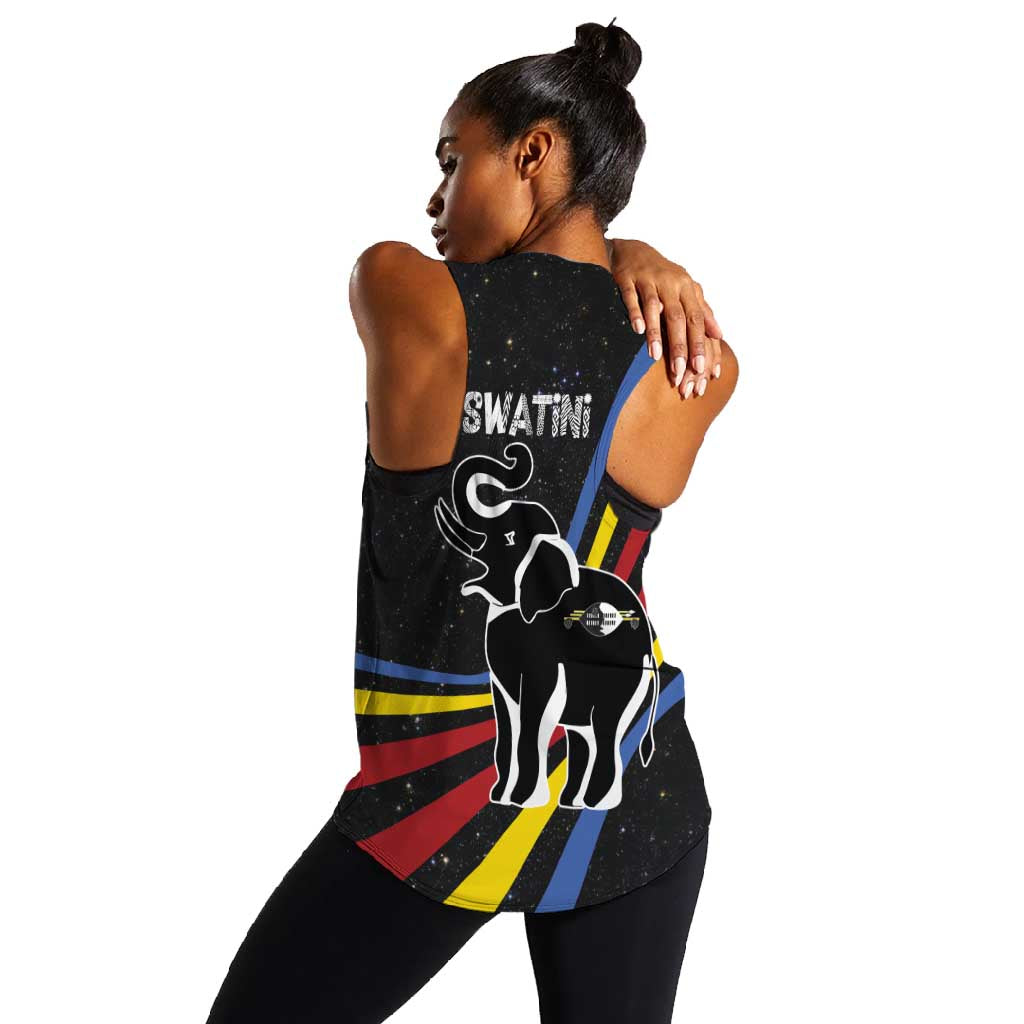 Eswatini Elephant Women Racerback Tank Swazi Flag Colors and Cosmic Background