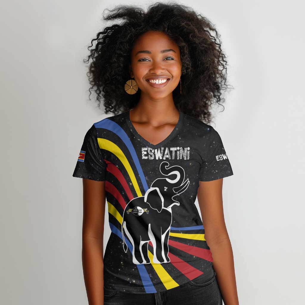 Eswatini Elephant Women V-Neck T-Shirt Swazi Flag Colors and Cosmic Background