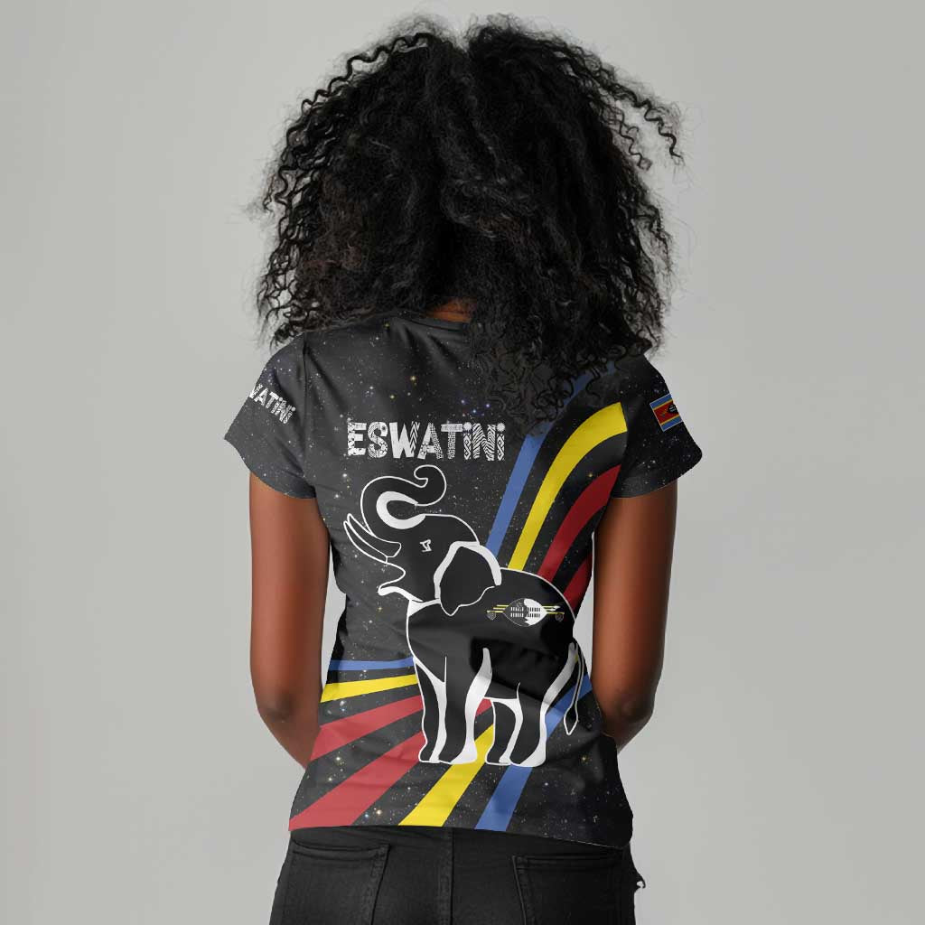 Eswatini Elephant Women V-Neck T-Shirt Swazi Flag Colors and Cosmic Background