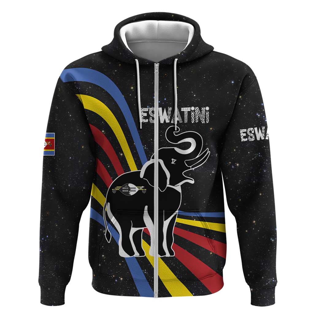 Eswatini Elephant Zip Hoodie Swazi Flag Colors and Cosmic Background