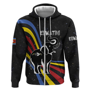 Eswatini Elephant Zip Hoodie Swazi Flag Colors and Cosmic Background