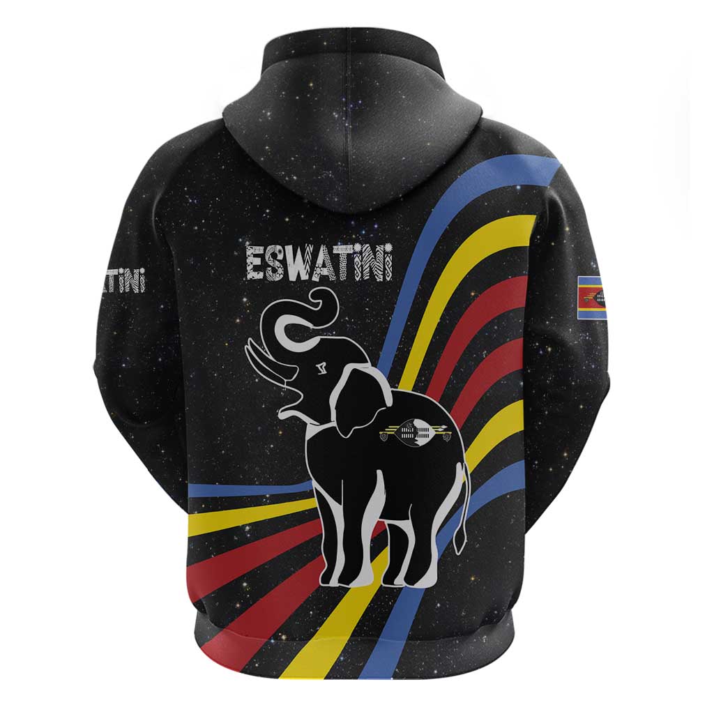 Eswatini Elephant Zip Hoodie Swazi Flag Colors and Cosmic Background