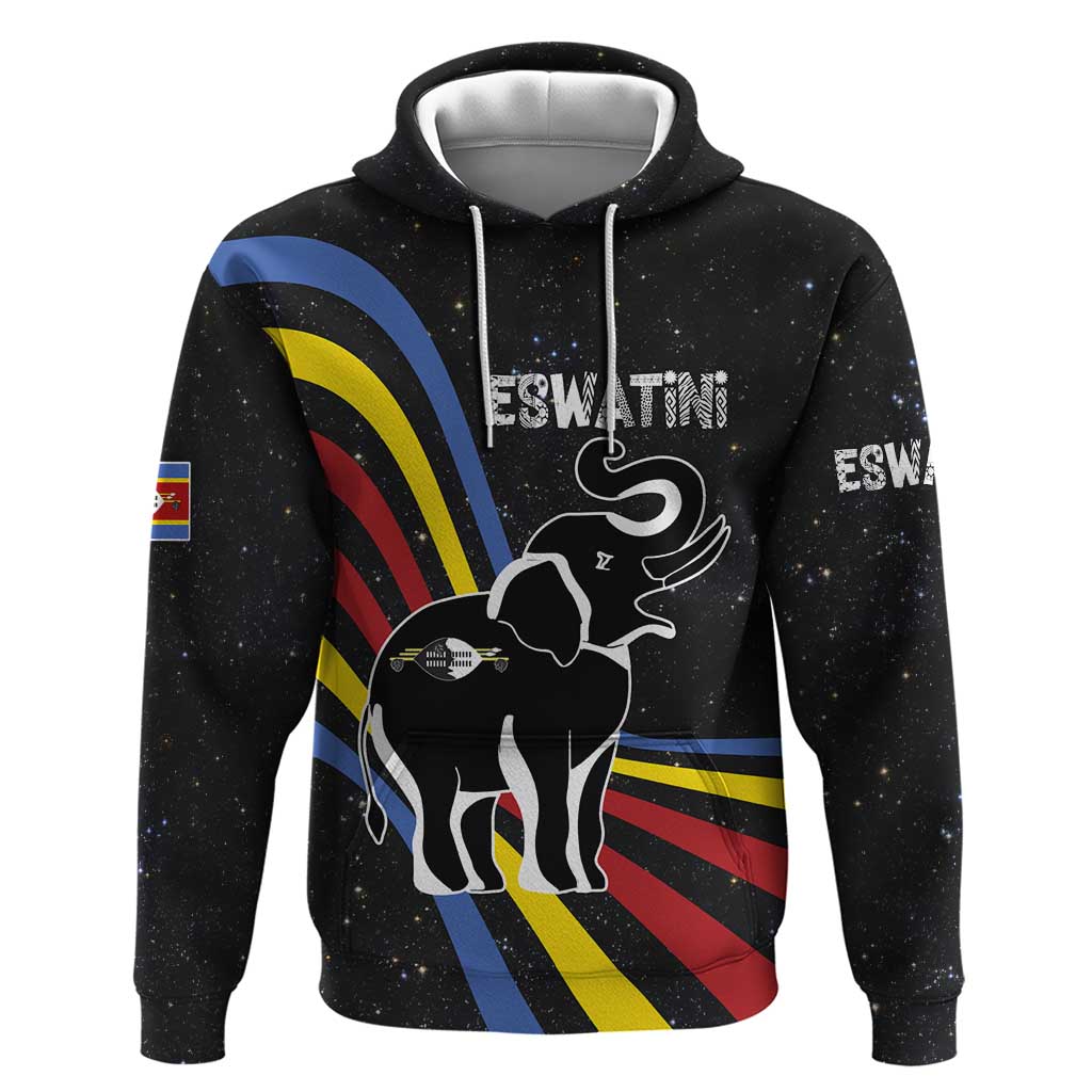 Eswatini Elephant Zip Hoodie Swazi Flag Colors and Cosmic Background