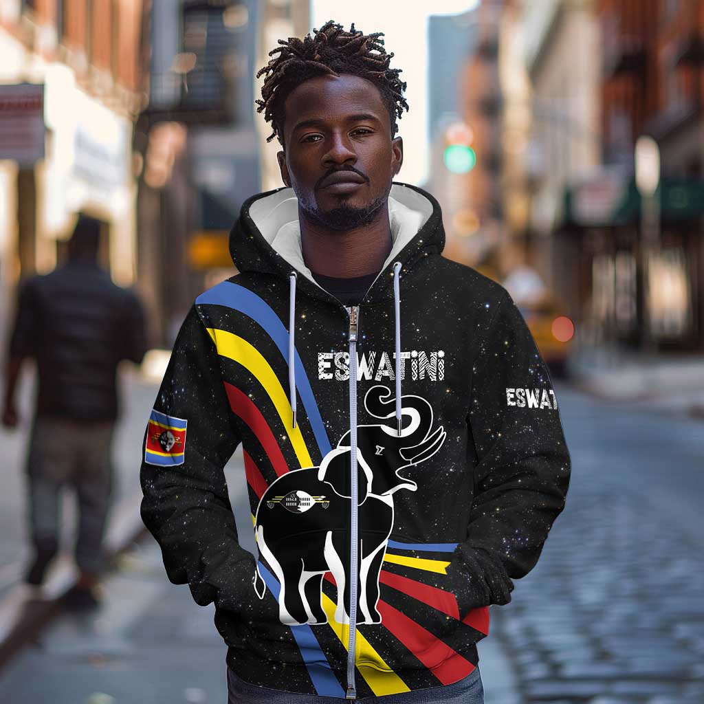 Eswatini Elephant Zip Hoodie Swazi Flag Colors and Cosmic Background