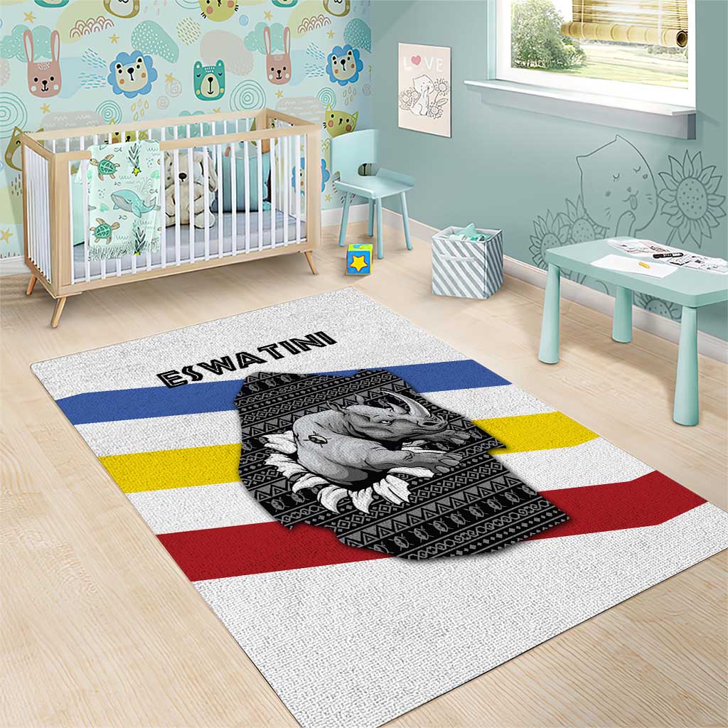Eswatini Rhino Area Rug Swazi Map Flag and African Traditional Patterns