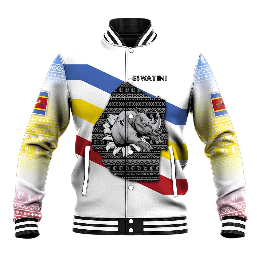 Eswatini Rhino Baseball Jacket Swazi Map Flag and African Traditional Patterns
