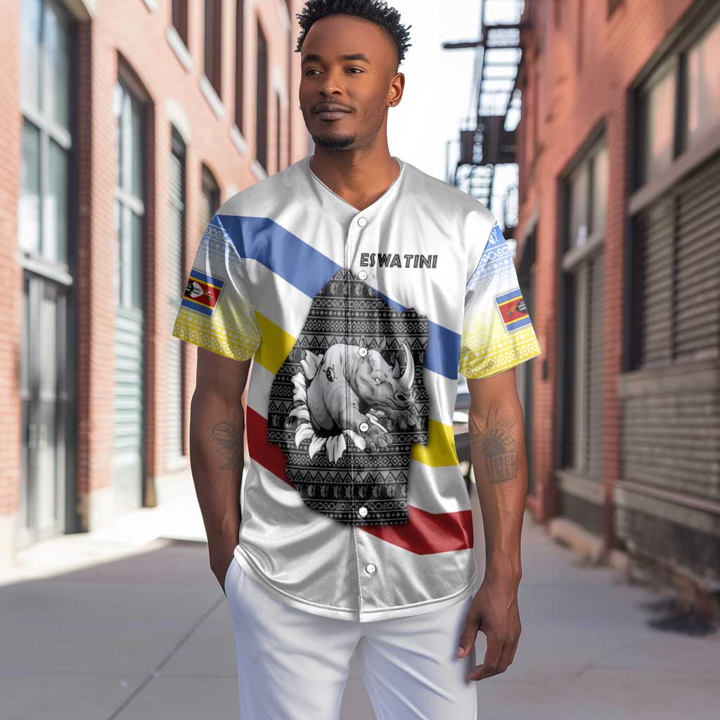 Eswatini Rhino Baseball Jersey Swazi Map Flag and African Traditional Patterns
