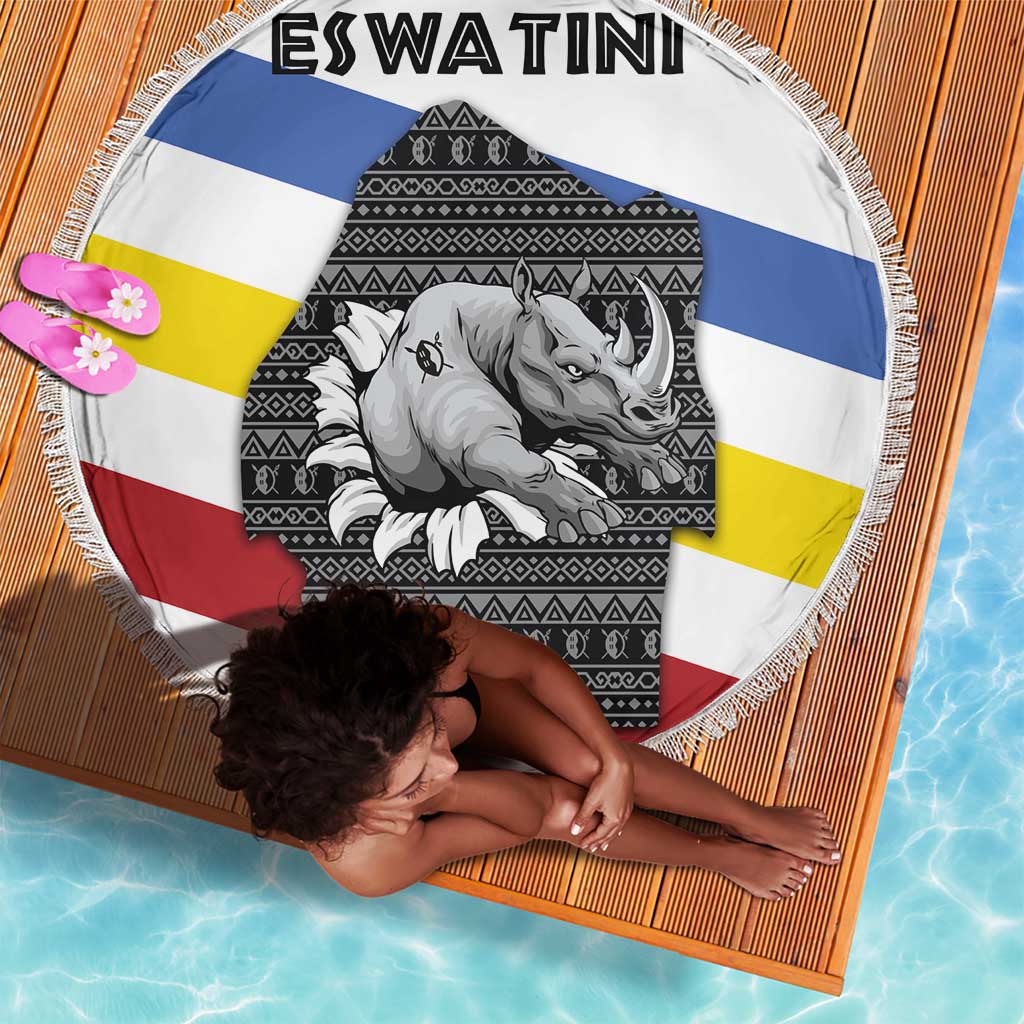 Eswatini Rhino Beach Blanket Swazi Map Flag and African Traditional Patterns