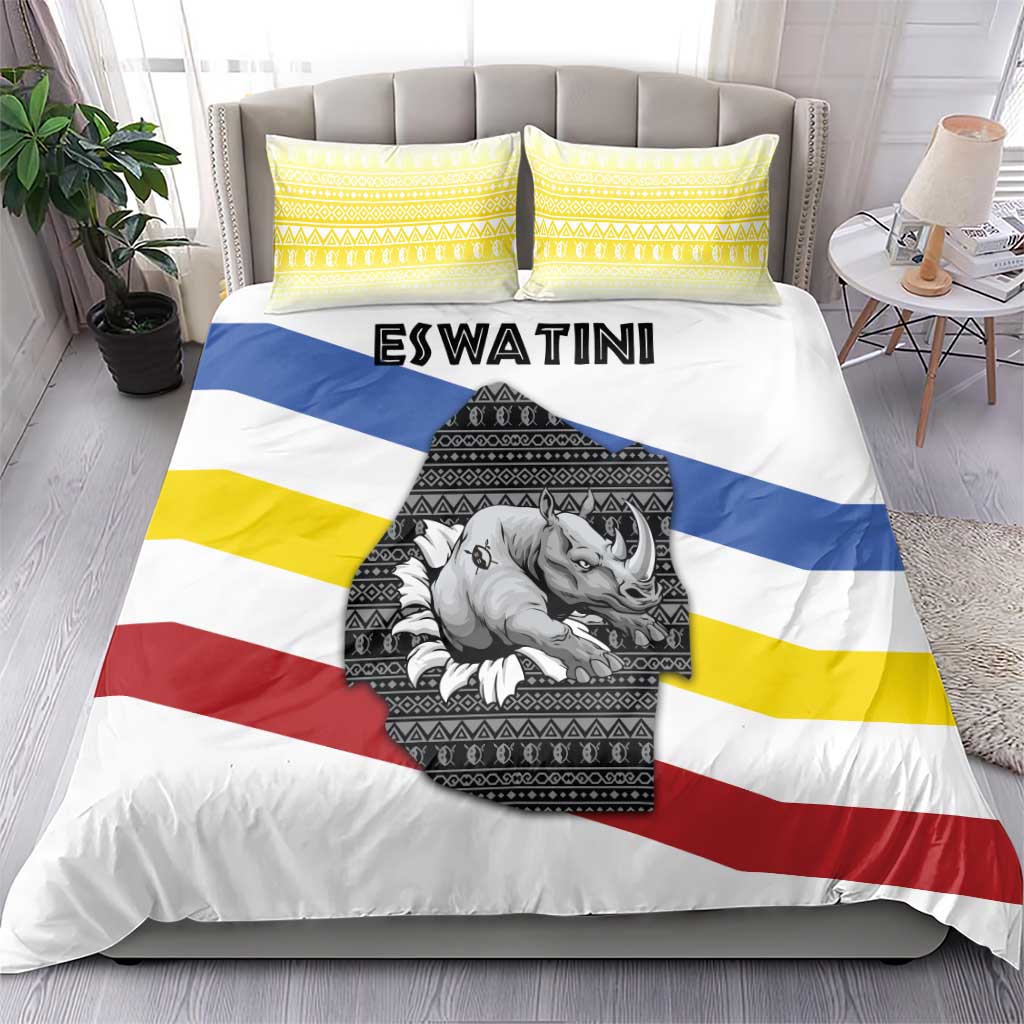 Eswatini Rhino Bedding Set Swazi Map Flag and African Traditional Patterns