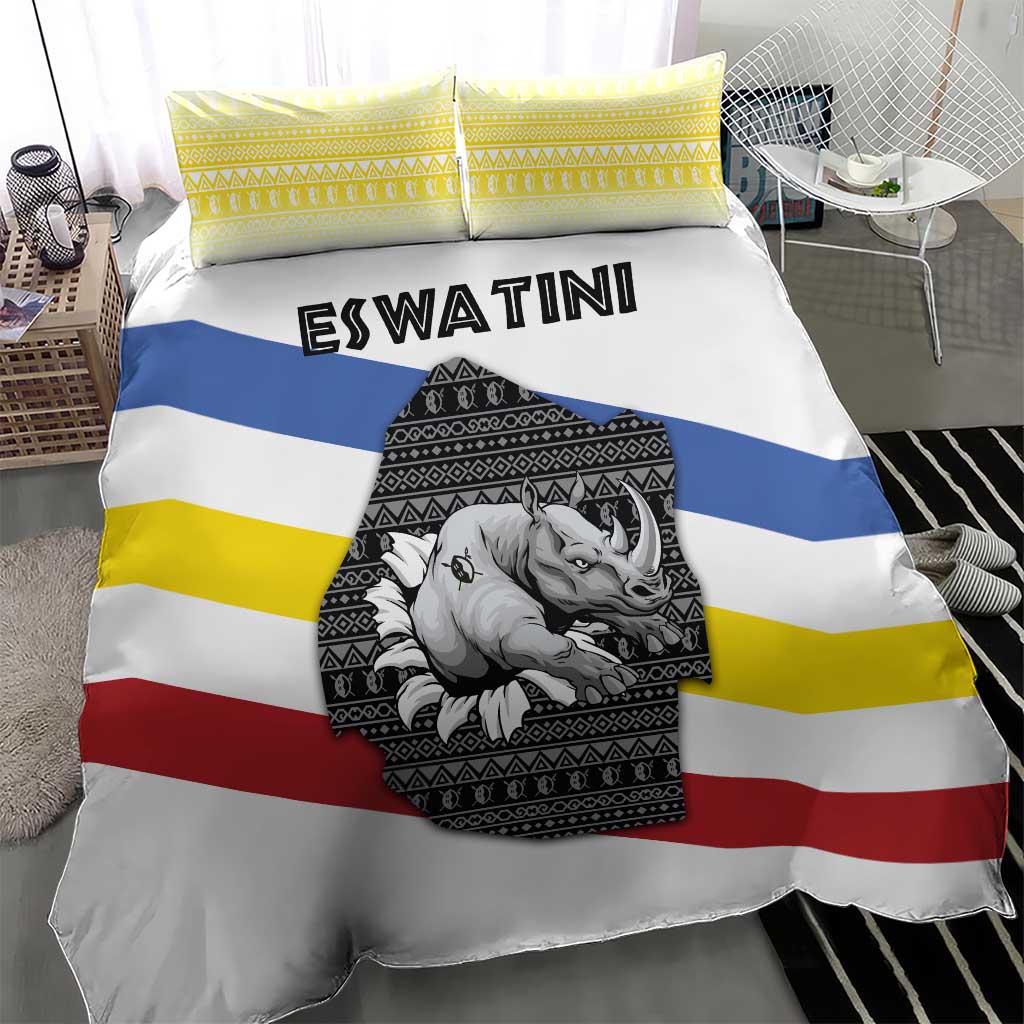 Eswatini Rhino Bedding Set Swazi Map Flag and African Traditional Patterns