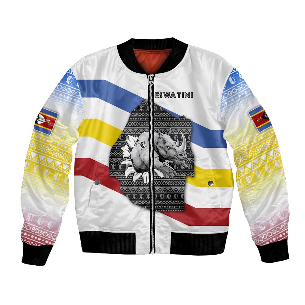 Eswatini Rhino Bomber Jacket Swazi Map Flag and African Traditional Patterns