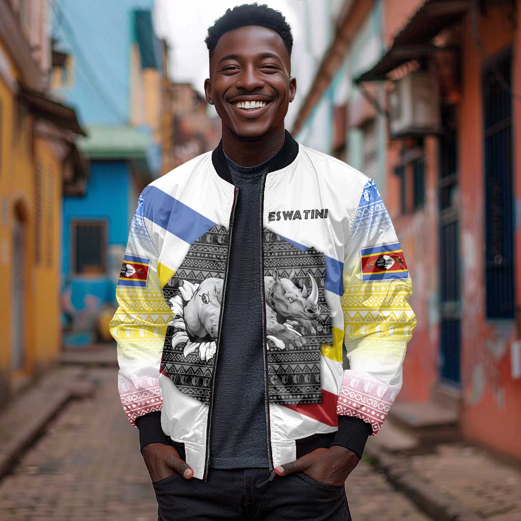 Eswatini Rhino Bomber Jacket Swazi Map Flag and African Traditional Patterns