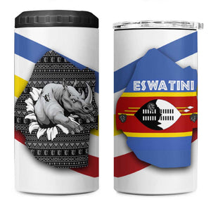 Eswatini Rhino 4 in 1 Can Cooler Tumbler Swazi Map Flag and African Traditional Patterns