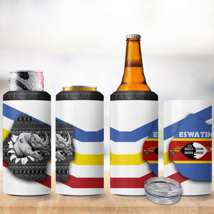 Eswatini Rhino 4 in 1 Can Cooler Tumbler Swazi Map Flag and African Traditional Patterns