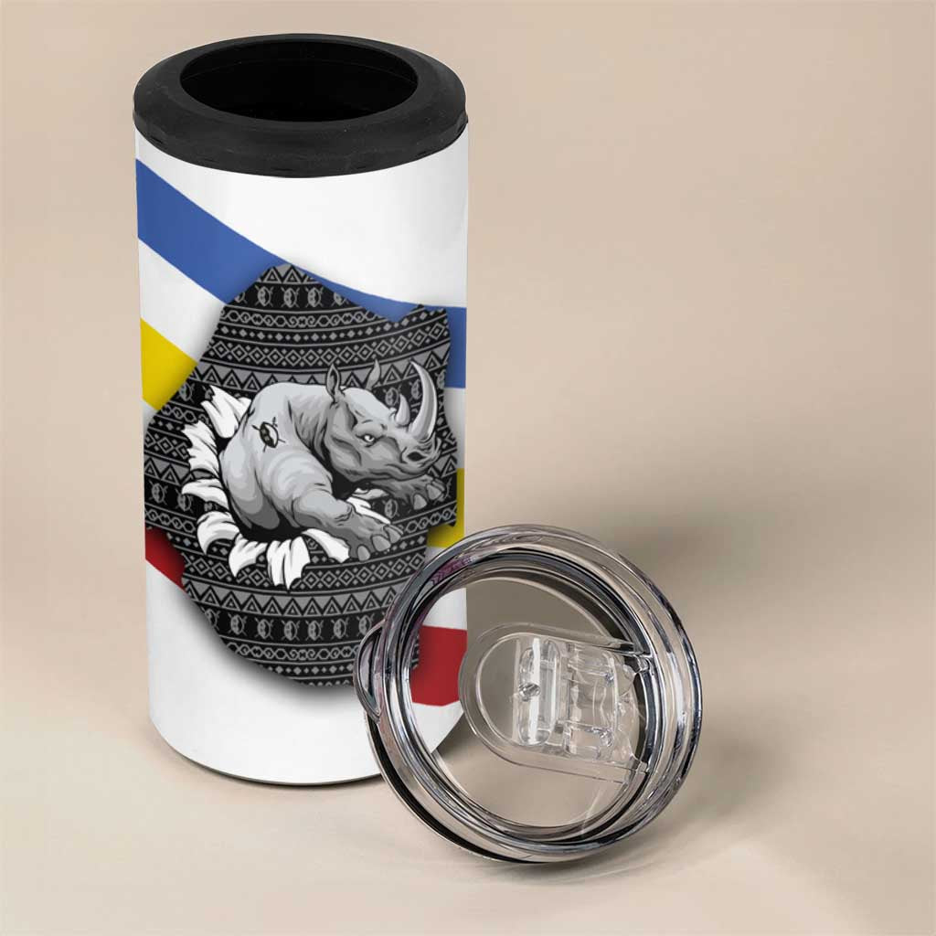 Eswatini Rhino 4 in 1 Can Cooler Tumbler Swazi Map Flag and African Traditional Patterns