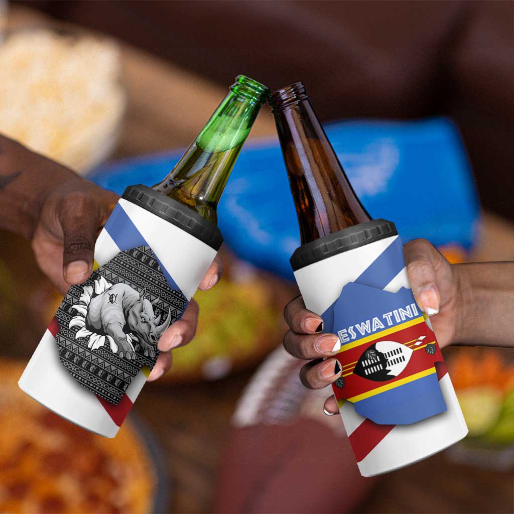 Eswatini Rhino 4 in 1 Can Cooler Tumbler Swazi Map Flag and African Traditional Patterns