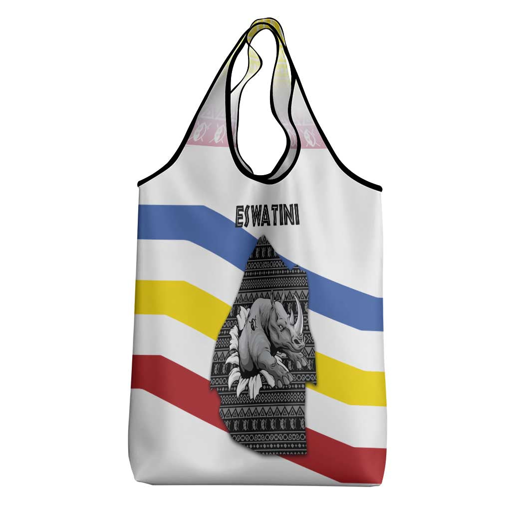 Eswatini Rhino Grocery Bag Swazi Map Flag and African Traditional Patterns
