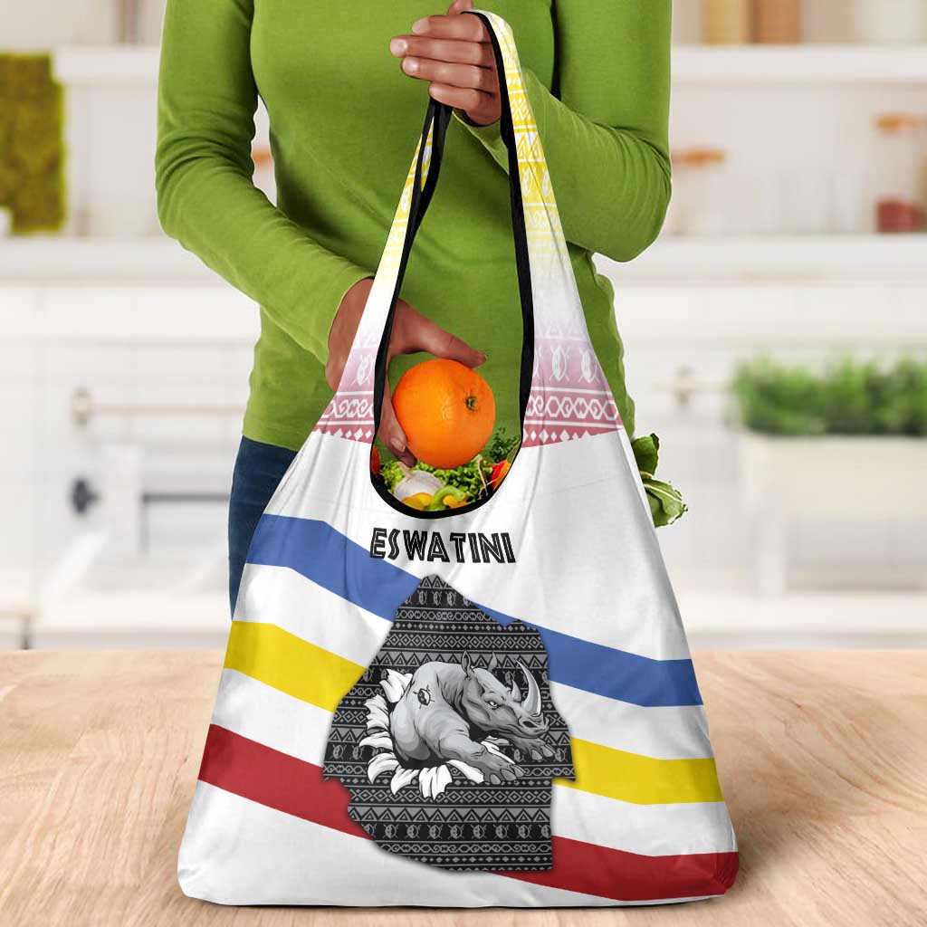 Eswatini Rhino Grocery Bag Swazi Map Flag and African Traditional Patterns