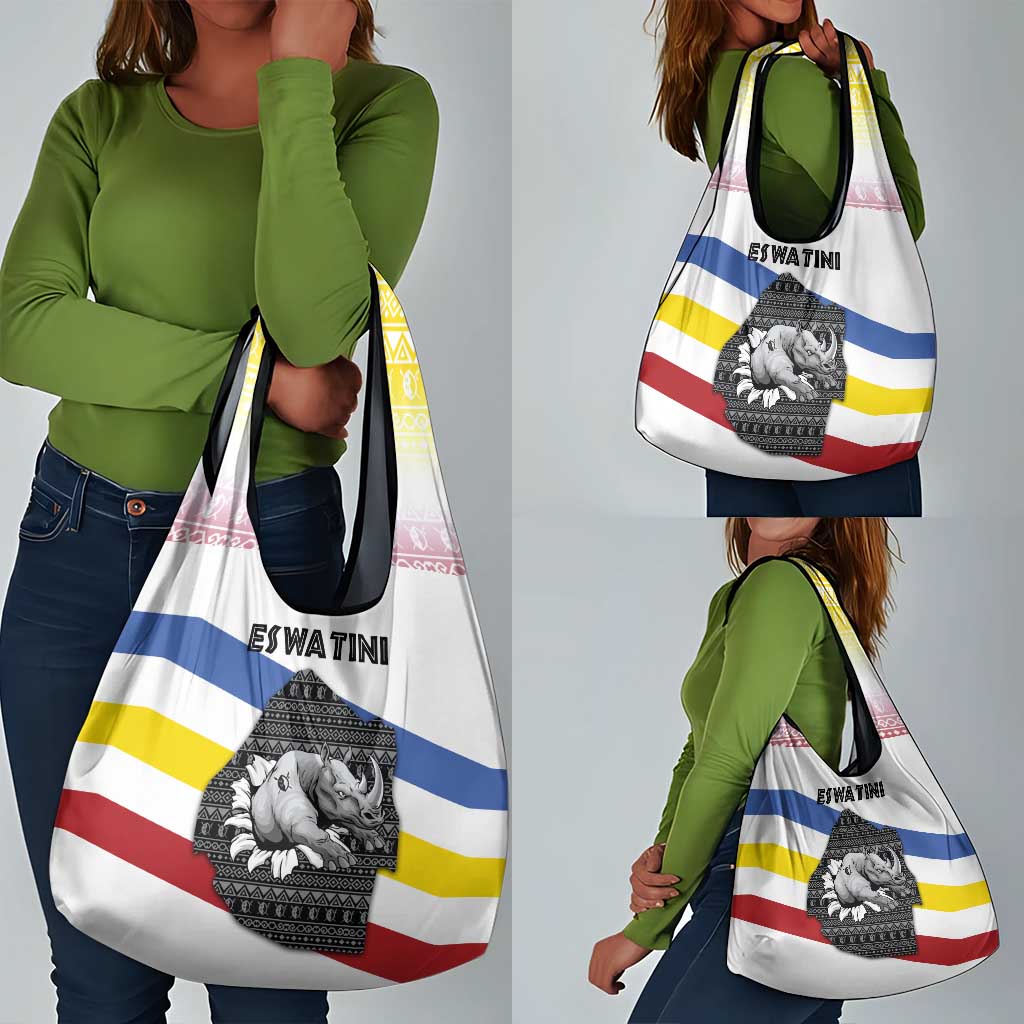 Eswatini Rhino Grocery Bag Swazi Map Flag and African Traditional Patterns