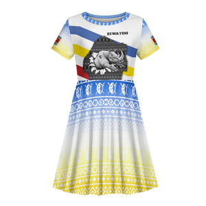 Eswatini Rhino Kid Short Sleeve Dress Swazi Map Flag and African Traditional Patterns
