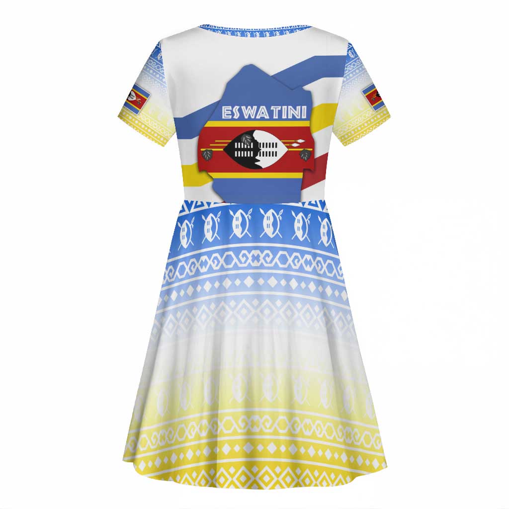 Eswatini Rhino Kid Short Sleeve Dress Swazi Map Flag and African Traditional Patterns