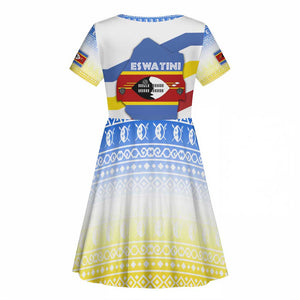Eswatini Rhino Kid Short Sleeve Dress Swazi Map Flag and African Traditional Patterns