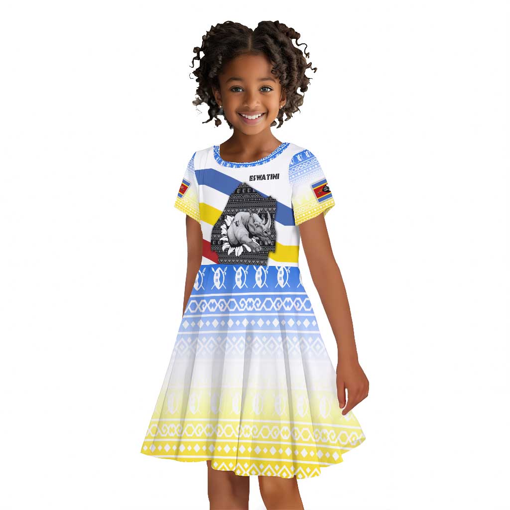 Eswatini Rhino Kid Short Sleeve Dress Swazi Map Flag and African Traditional Patterns